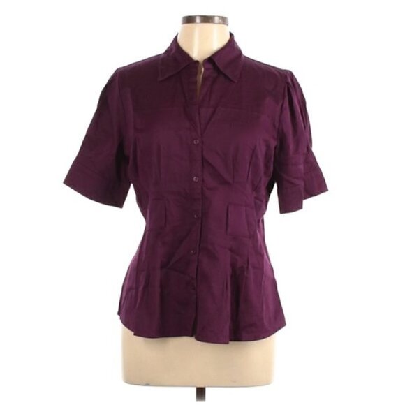 Apt. 9 Stretch Top L Button Down Top Belted Eggplant Purple Career Office Work - Picture 1 of 7
